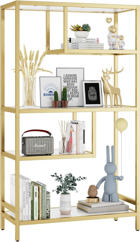 HOME BI Geometric Bookshelf, Tall Modern Etagere Bookcase, Industrial Metal Book Shelf with 5 Open Display Shelves for Office Living Room, Gold and White - LeafyLoom