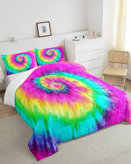 3 Piece Rainbow Tie Dye Comforter Set with 2 Pillowcases Boho Psychedelic Bedding Set for Kids Girls Teens Bohemian Gypsy Exotic Spiral Quilted Duvet Soft Comfy, Watercolor Art Down Comforter,King - LeafyLoom