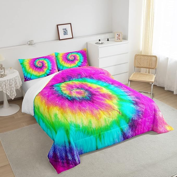 3 Piece Rainbow Tie Dye Comforter Set with 2 Pillowcases Boho Psychedelic Bedding Set for Kids Girls Teens Bohemian Gypsy Exotic Spiral Quilted Duvet Soft Comfy, Watercolor Art Down Comforter,King - LeafyLoom
