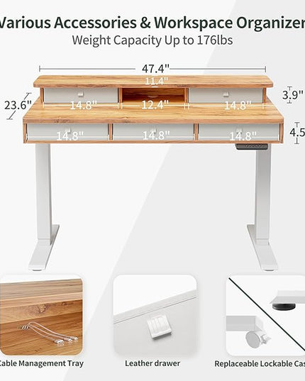 FEZIBO Height Adjustable Electric Standing Desk with 5 Drawers, 48 x 24 Inch Table with Storage Shelf, Sit Stand Desk White Frame/Light Rustic Top, 48 inch - LeafyLoom