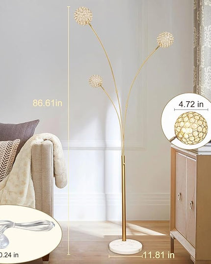 DLLT Floor Lamps for Living Room, 3-Light Gold Arc Standing Lamp, 86.6" Modern Tall Tree Floor Lamp with Adjustable Arms, Multi-Head LED Floor Lamps for Bedroom, Study, Office, G9 Bulbs Included - LeafyLoom
