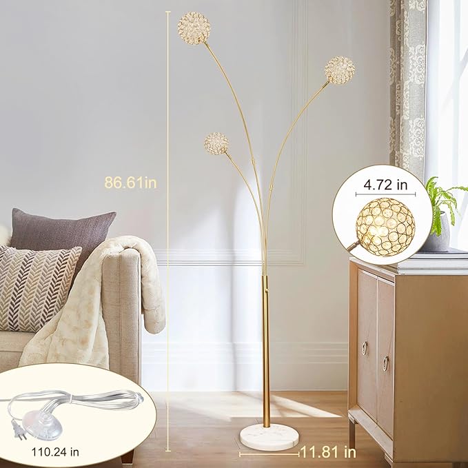 DLLT Floor Lamps for Living Room, 3-Light Gold Arc Standing Lamp, 86.6" Modern Tall Tree Floor Lamp with Adjustable Arms, Multi-Head LED Floor Lamps for Bedroom, Study, Office, G9 Bulbs Included - LeafyLoom