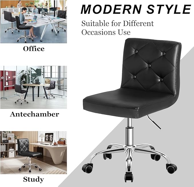 VECELO PU Leather Mid-Back Armless Desk Chair Adjustable Height 360° Rolling Swivel for Home Office Work, Black - LeafyLoom