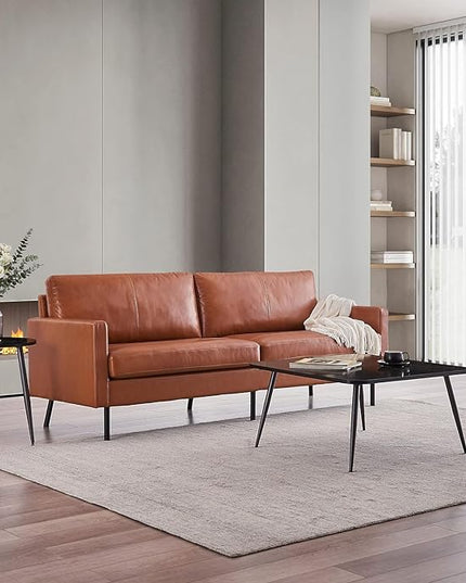 70" Top-Grain Leather Sofa, 2-Seat Upholstered Loveseat Sofa Modern Couch, Luxury Classic for Living Room Bedroom Apartment Office (Brown) - LeafyLoom