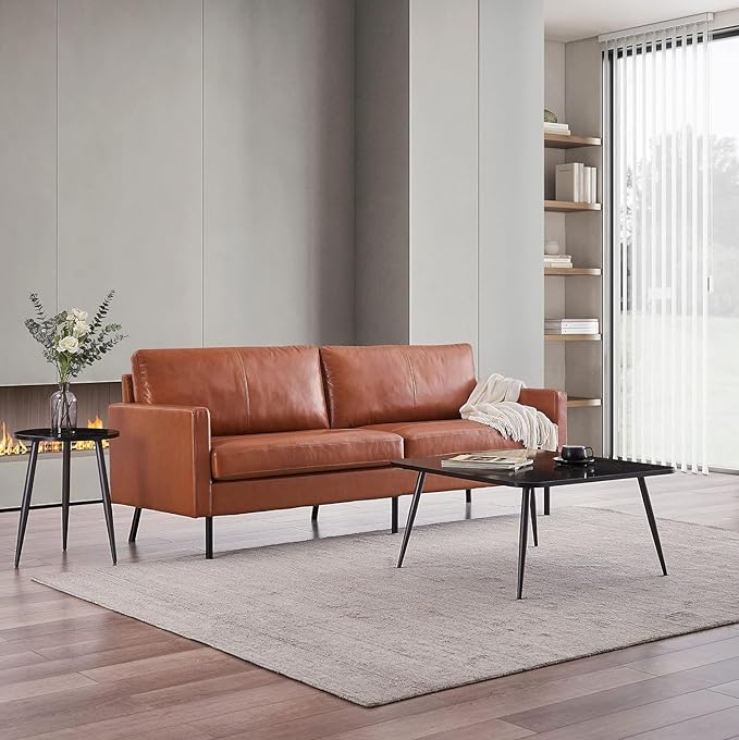 70" Top-Grain Leather Sofa, 2-Seat Upholstered Loveseat Sofa Modern Couch, Luxury Classic for Living Room Bedroom Apartment Office (Brown) - LeafyLoom
