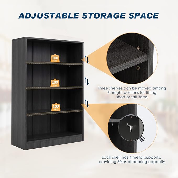 Farini Grey Bookshelf for Bedroom 4 Shelf Office Bookcase 48 Inches Tall Modern Wood Bookshelf for Living Room 4 Tier Wide Manga Bookshelf Library Bookcase - LeafyLoom