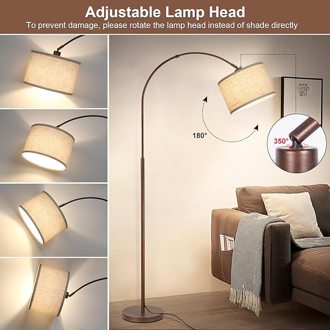 Floor Lamp for Living Room, Vintage Arc Floor Lamp with Adjustable Lamp Head, Tall Pole Lamp with On/Off Pedal Switch, Over Couch Arched Reading Light for Bedroom, Office, Study Room (Antique Bronze) - LeafyLoom