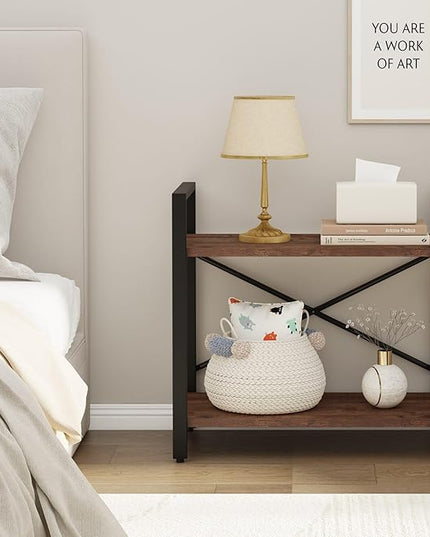 BON AUGURE Small Short Bookshelf, Wood 2 Shelf Etagere Bookcase, Metal Low Book Shelf for Small Spaces Living Room, Bedroom, Office (Rustic Oak) - LeafyLoom