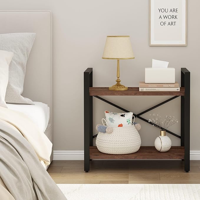 BON AUGURE Small Short Bookshelf, Wood 2 Shelf Etagere Bookcase, Metal Low Book Shelf for Small Spaces Living Room, Bedroom, Office (Rustic Oak) - LeafyLoom