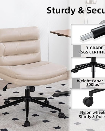 Armless Office Chair with Wheels Wide Desk Chair Leather Mid Back Accent Chair Padded Swivel Vanity Chair for Girl Women Computer Task Chair for Home Office (Suede Fabric, Beige) - LeafyLoom
