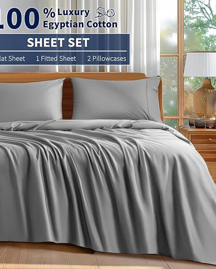 Shilucheng 100% Cotton Sheets Set - 600 Thread Count，Luxury Egyptian Cotton Bed Sheets，5-Star Hotel Quality Sheets, Breathable & Cooling, 16 Inch Deep Pocket - 4 Piece (Grey, Full) - LeafyLoom