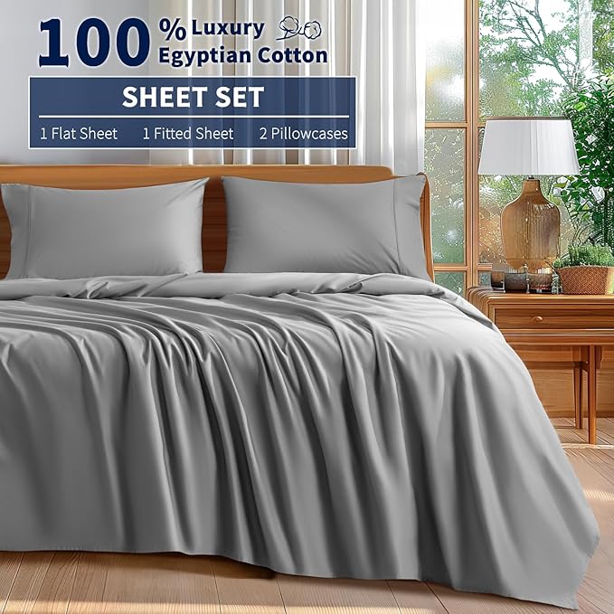 Shilucheng 100% Cotton Sheets Set - 600 Thread Count，Luxury Egyptian Cotton Bed Sheets，5-Star Hotel Quality Sheets, Breathable & Cooling, 16 Inch Deep Pocket - 4 Piece (Grey, Full) - LeafyLoom