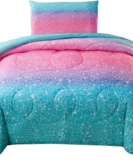 JQinHome Twin Glitter Comforter Sets for Girls, 3D Colorful Duvet Pink Rainbow Themed Bedding, All-Season Reversible Quilted Duvet, for Girls Teen Women - includes 1 Comforter, 1 Pillowcase - LeafyLoom