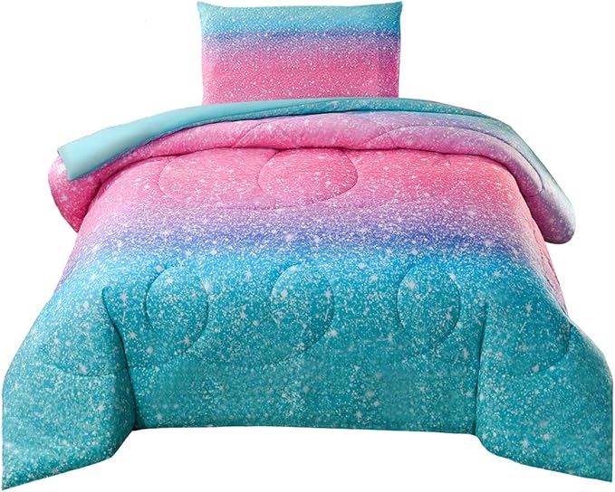 JQinHome Twin Glitter Comforter Sets for Girls, 3D Colorful Duvet Pink Rainbow Themed Bedding, All-Season Reversible Quilted Duvet, for Girls Teen Women - includes 1 Comforter, 1 Pillowcase - LeafyLoom