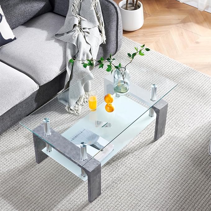 Living Room Rectangle Coffee Table, Tea Table Suitable for Waiting Room, Modern Side Coffee Table with Wooden Leg, Glass Tabletop with Lower Shelf,Grey Marble - LeafyLoom