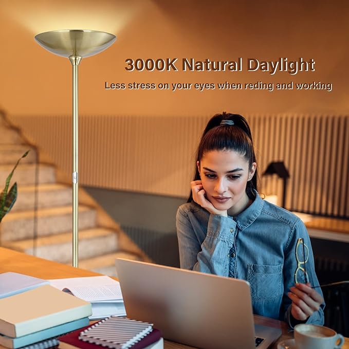 BoostArea Torchiere Standing Lamp,20W 2000LM LED Halogen Stepless Dimmable,Touch Control,50000hrs Lifespan,Pale Floor Lamps for Living Room, Bedroom,Gold - LeafyLoom
