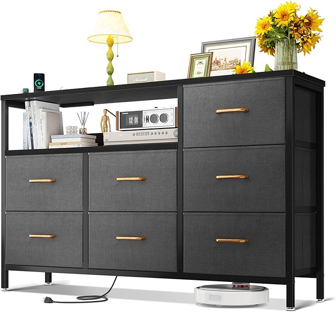 AODK Dresser with Charging Station, 52-Inch Long Dresser for Bedroom with 7 Large Fabric Drawers, Entertainment Center with Open Shelves for 55-Inch TV for Living Room, Black and Dark Grey - LeafyLoom