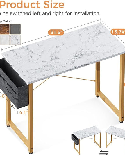 ODK Laptop Desk Study Desk, 32 Inch Small Desk, Writing Desk with Storage, Work Table with Headphone Hook for Small Space Home Office, White Marble + Gold Leg - LeafyLoom