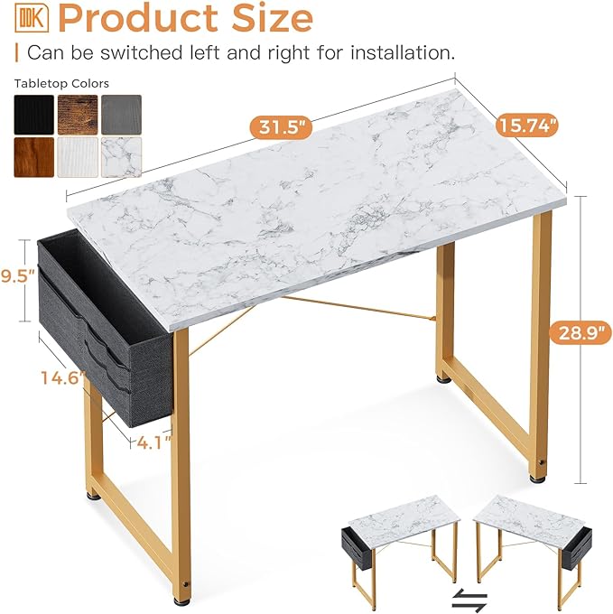 ODK Laptop Desk Study Desk, 32 Inch Small Desk, Writing Desk with Storage, Work Table with Headphone Hook for Small Space Home Office, White Marble + Gold Leg - LeafyLoom