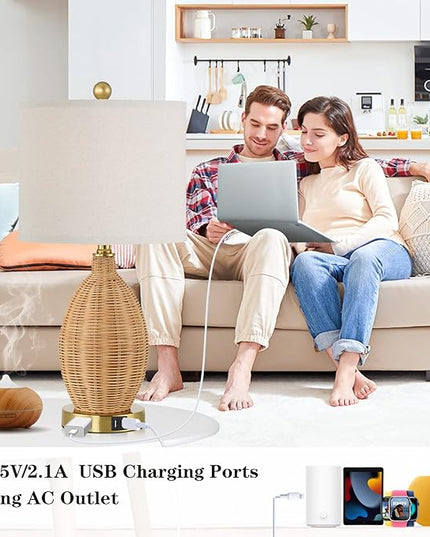 Touch Control Rattan Table Lamps, 3 Way Dimmable Bedside Lamps for Bedroom Set of 2 with 2 USB Ports and AC Outlet, Gold Wicker Nightstand Lamps for Living Room Office (LED Bulbs Included) - LeafyLoom
