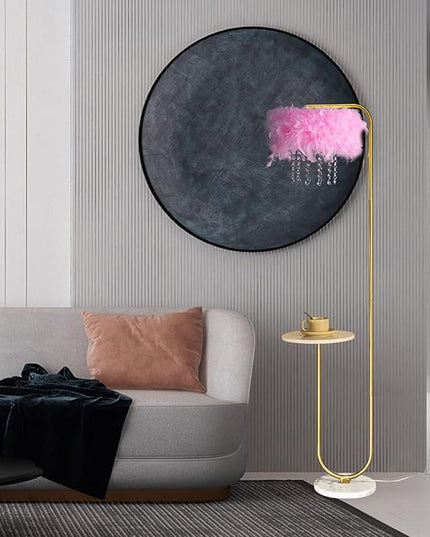 Unique Led Pink Feather Floor Lamp with Tray,Ostrich Feather Stand Lamp,Living Room Bedroom Office Shop Window Decoration Lamp,Foot Switch and Brass/Gold Finish Arc Floor Lamp - LeafyLoom