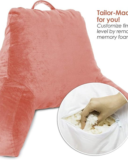 Clara Clark Reading Pillow for Kids, Small Back Pillow for Sitting Up in Bed, Memory Foam Back Support Pillow, Reading Pillows for Sitting in Bed, Misty Rose Gaming Pillow with Arms and Pockets - LeafyLoom