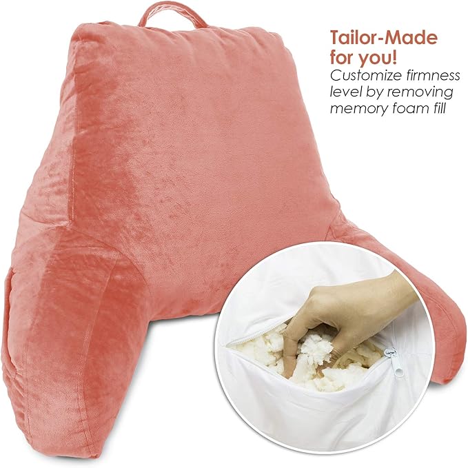 Clara Clark Reading Pillow, Standard Back Pillow for Sitting Up in Bed, Memory Foam Back Support Pillow, Reading Pillows for Sitting in Bed, Misty Rose Sit Up Pillow for Bed, Arm Pillow with Pockets - LeafyLoom