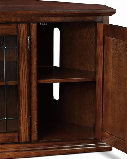 Leick Home Leaded Glass Corner Stand with Enclosed Storage for 60" TV's, Burnished Oak - LeafyLoom