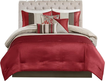 Madison Park Amherst Faux Silk Comforter Set-Casual Contemporary Design All Season Down Alternative Bedding, Matching Shams, Bedskirt, Decorative Pillows, Queen(90"x90"), Red, 7 Piece (MP10-037) - LeafyLoom