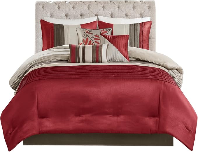Madison Park Amherst Faux Silk Comforter Set-Casual Contemporary Design All Season Down Alternative Bedding, Matching Shams, Bedskirt, Decorative Pillows, Queen(90"x90"), Red, 7 Piece (MP10-037) - LeafyLoom