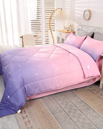 Wowelife Glitter Teen Bedding Sets for Girls Gradient Full Size 5 Pieces Comforter Set Pink Purple Kids Comforter Sets Lightweight with Comforter, Flat Sheet, Fitted Sheet and 2 Pillowcases - LeafyLoom
