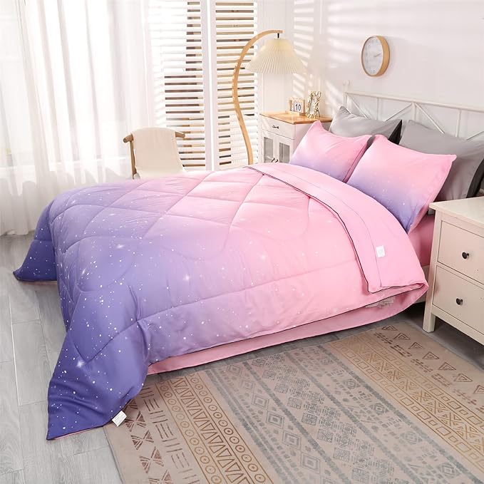 Wowelife Glitter Teen Bedding Sets for Girls Gradient Full Size 5 Pieces Comforter Set Pink Purple Kids Comforter Sets Lightweight with Comforter, Flat Sheet, Fitted Sheet and 2 Pillowcases - LeafyLoom