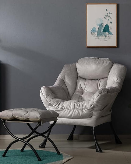 HollyHOME Fabric Lazy Chair with Foldable Ottoman, Accent Comfy Lounge Arm Chair and Folding Footrest Stool Set, Leisure Sofa Reading Chair and Footstool for Living Room, Bedroom, Dorm, Grey - LeafyLoom