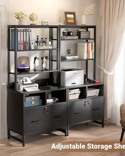 Homieasy File Cabinet with Charging Station, Vertical Filing Cabinet with Lock & Large Drawer, Printer Stand with Storage Shelves, Office Storage Cabinet fits Letter/A4/Legal Size, Black - LeafyLoom