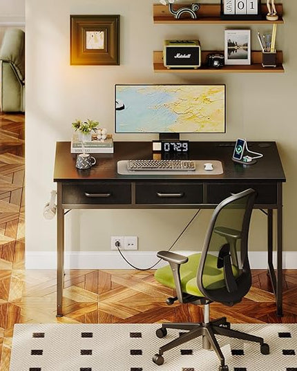 AODK 40 Inch Small Computer Desk with 3 Fabric Drawers, Office Desk with USB/Type-C Charging Ports & Power Outlets, Vanity Desk with Iron Hook for Bedroom, Study/Writing/Work Table for Bedroom, Black - LeafyLoom
