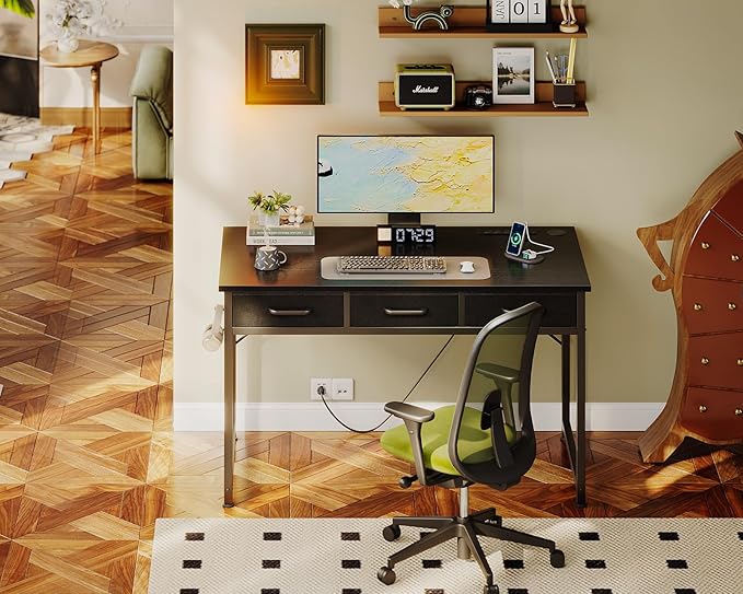 AODK 40 Inch Small Computer Desk with 3 Fabric Drawers, Office Desk with USB/Type-C Charging Ports & Power Outlets, Vanity Desk with Iron Hook for Bedroom, Study/Writing/Work Table for Bedroom, Black - LeafyLoom