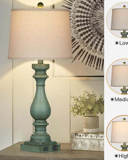 29" Tall Table Lamp for living room set of 2,Vintage Bedside Nightstand Lamps with USB C+A Ports & AC Outlet,3-Way Dimmable Touch Control Retro Green Desk Lamp for Bedroom,color 4 - LeafyLoom