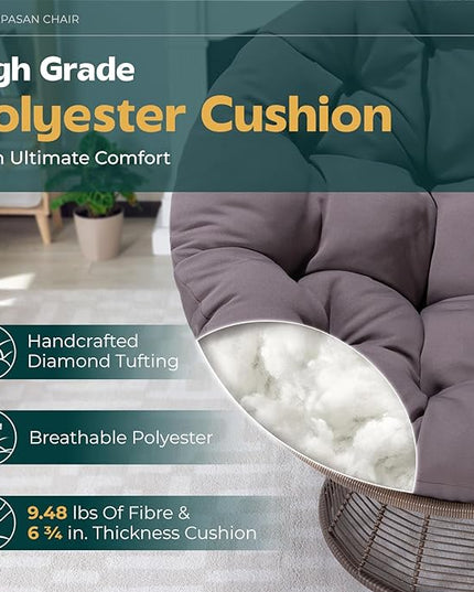Bme 40" Ergonomic Wicker Papasan Chair with Soft Thick Density Fabric Cushion, Bee-Designed Base, High Capacity Steel Frame, 360 Degree Swivel for Living, Bedroom, Reading Room,... - LeafyLoom