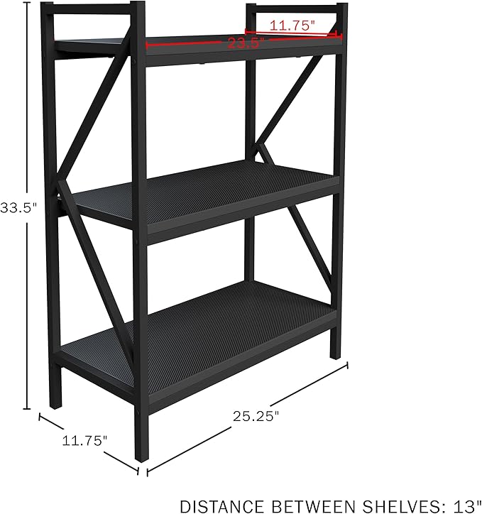 3 Shelf Bookcase - Console Table or Storage Shelf with Carbon Fiber Texture Finish and K Shaped Legs by Lavish Home (Black) - LeafyLoom