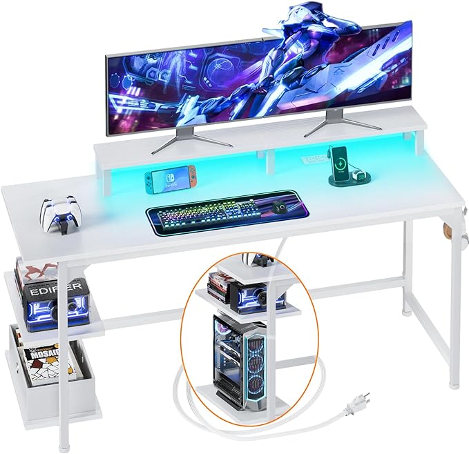Furologee White Gaming Desk with Charging Station and LED Lights, 55" Office Computer Desk with Reversible Shelves and Fabric Drawer, Study Table with Monitor Stand and 2 Hooks for Home Office - LeafyLoom