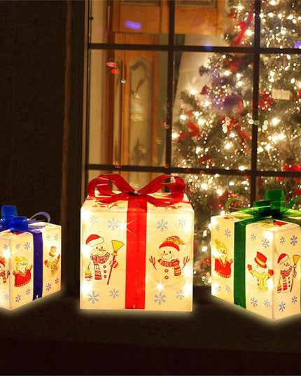[Large 8.5"x7"x6" Christmas Set of 3 Lighted Gift Boxes Decorations Pre-lit 70 Super-Bright LED with Flashers,for Indoor Outdoor Christmas Tree Skirt Ornament Pathway Holiday Party Home GLOWNOVA