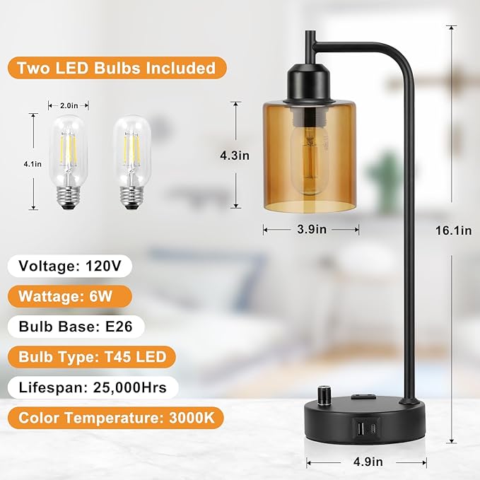 Industrial Bedside Lamps for Nightstand Set of 2 - Fully Dimmable Bedroom Lamps with USB A C Ports and Outlet, Black Table Lamps with Amber Glass Shade for Living Room, Desk Lamps for Office Reading - LeafyLoom