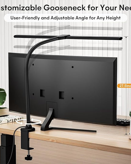 Hokone Desk Lamps for Home Office, 31.5" Wide Architect Desk Lamp with Clamp, Tall Office Lamp Dimmable, Black Desk Light with Timer, Bright Gooseneck Lamp for Workbench/Desktop - LeafyLoom