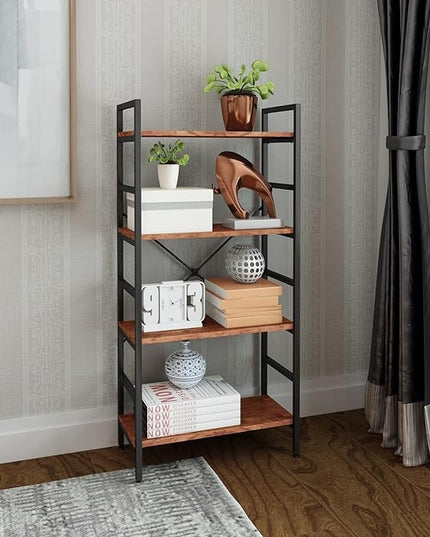 4 Tier Industrial Book Shelf,Modern Small Book Case for Books, Garage Kit, CDs, Movies, Standing BookShelves Display Rack for Bedroom/Living Room/Home Office - Rustic Brown Wood Bookcase - LeafyLoom