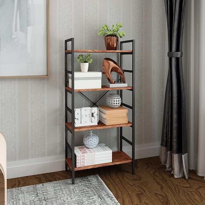 4 Tier Industrial Book Shelf,Modern Small Book Case for Books, Garage Kit, CDs, Movies, Standing BookShelves Display Rack for Bedroom/Living Room/Home Office - Rustic Brown Wood Bookcase - LeafyLoom