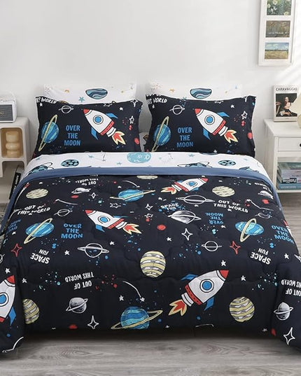 Wajade Kids Space Comforter Set Bed in A Bag Full Size 7 Piece 3D Space Rocket Planets Bedding Set for Teens Boys Girls (1 Comforter, 1 Flat Sheet, 1 Fitted Sheet, 2 Pillowcase and 2 Pillow Sham) - LeafyLoom
