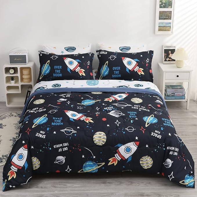 Wajade Kids Space Comforter Set Bed in A Bag Queen Size 7 Piece 3D Space Rocket Planets Bedding Set for Teens Boys Girls (1 Comforter, 1 Flat Sheet, 1 Fitted Sheet, 2 Pillowcase and 2 Pillow Sham) - LeafyLoom