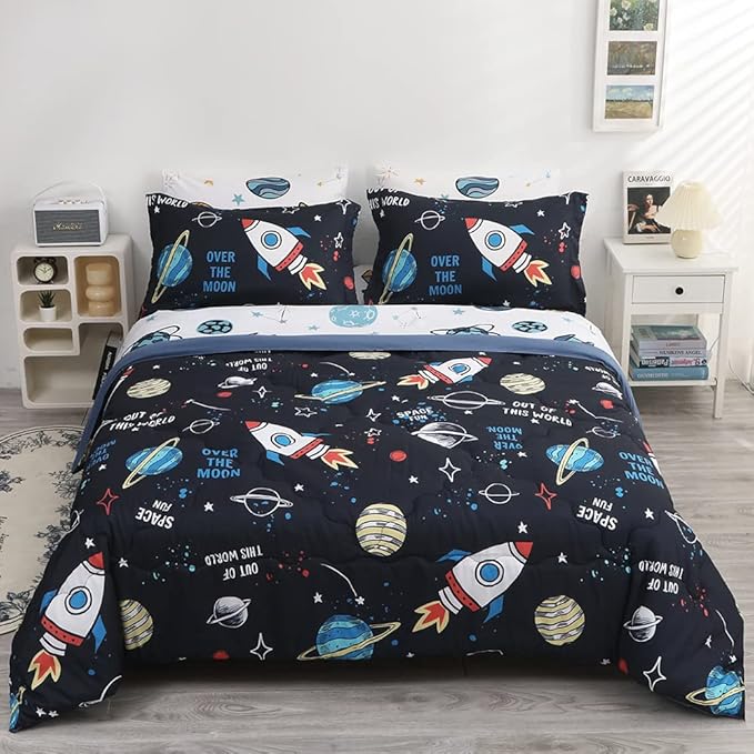 Wajade Kids Space Comforter Set Bed in A Bag Twin Size 7 Piece 3D Space Rocket Planets Bedding Set for Teens Boys Girls (1 Comforter, 1 Flat Sheet, 1 Fitted Sheet, 2 Pillowcase and 2 Pillow Sham) - LeafyLoom