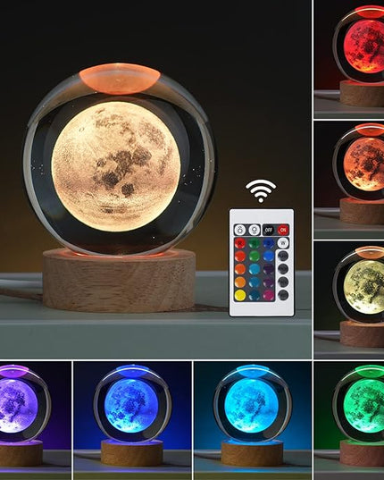 Large Crystal Ball 3D Moon Lamp Balkwan, Crystal Lamp 16 Color Changing Night Light with Remote Control for Bedroom Decor, Birthday Gift for Teens Boys and Girls, Moon Model - LeafyLoom