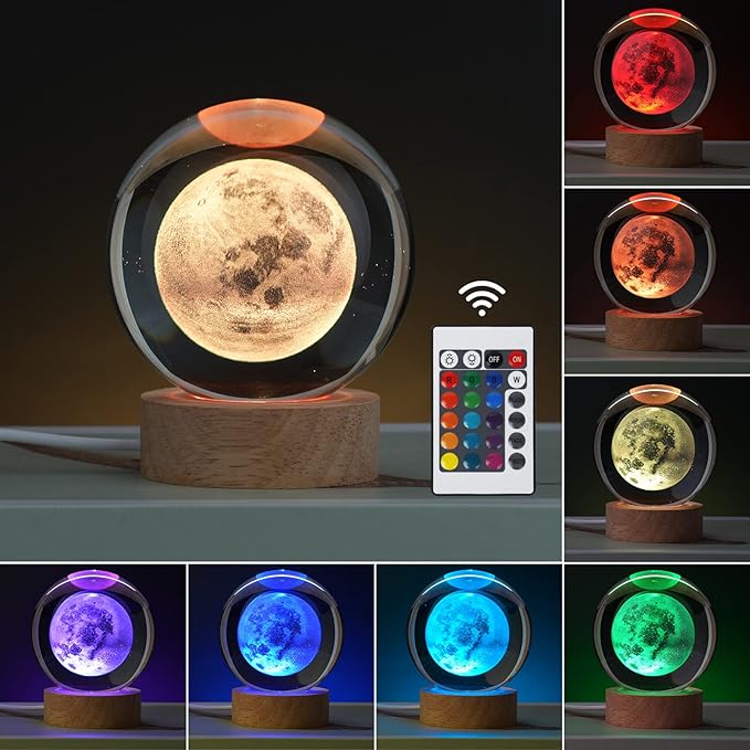 Large Crystal Ball 3D Moon Lamp Balkwan, Crystal Lamp 16 Color Changing Night Light with Remote Control for Bedroom Decor, Birthday Gift for Teens Boys and Girls, Moon Model - LeafyLoom